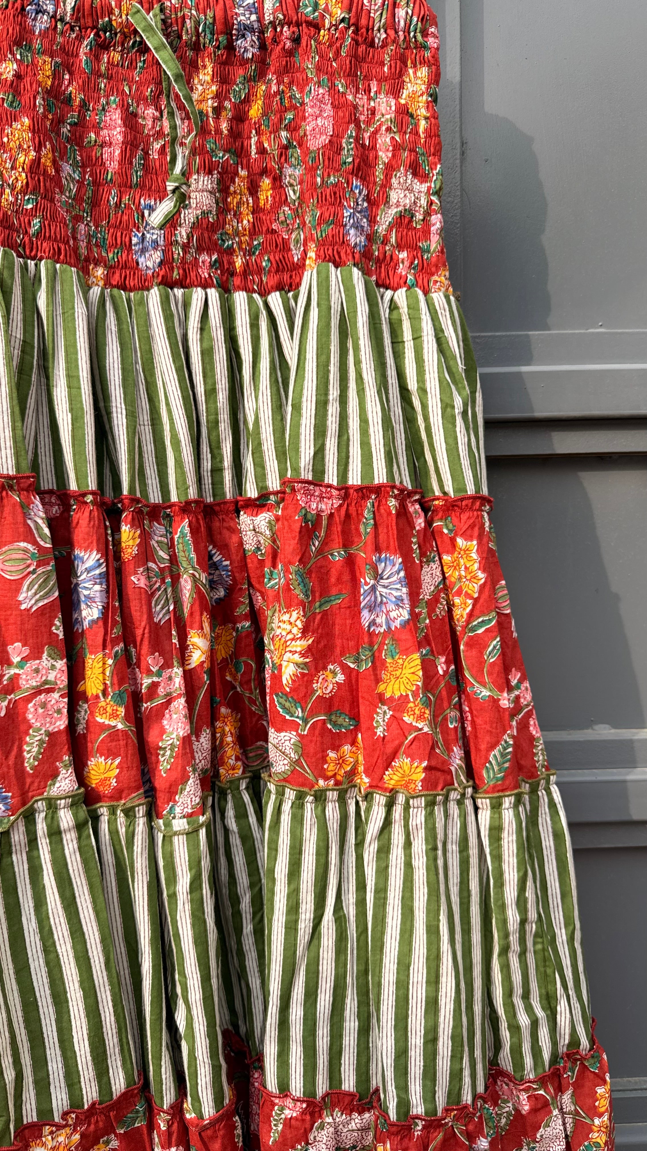 Crimson Red Iris Shirred Midi Dress